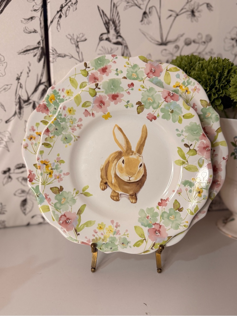 Floral Bunny Ceramic Dinner & Salad Plates - White with Pastel Floral Border